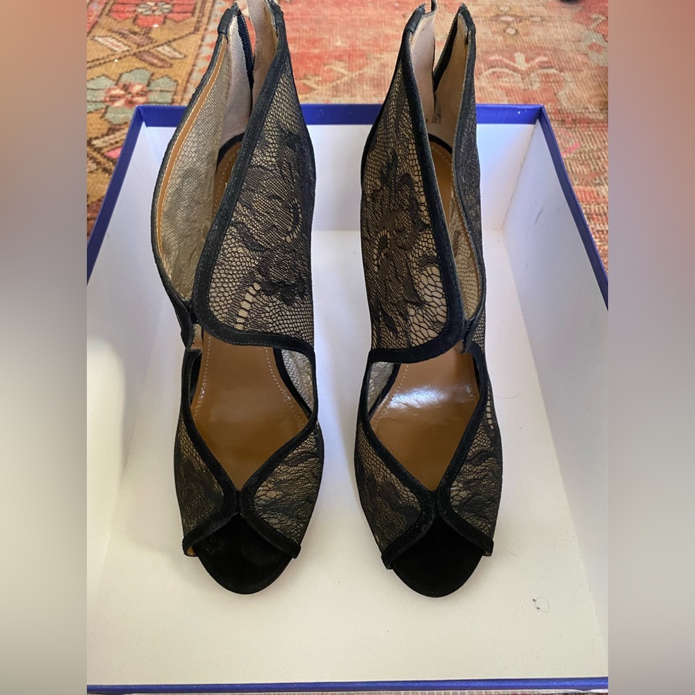 Aquazzura Black Lace Peep-Toe Heels